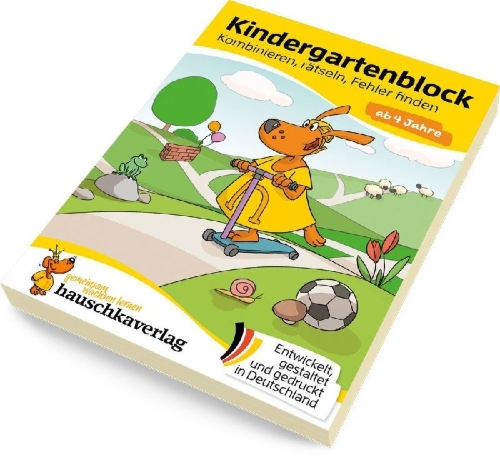 Buchcover und Innenansicht für das Buch: Kindergartenblock ab 4 Jahre - Kombinieren, rätseln, Fehler finden