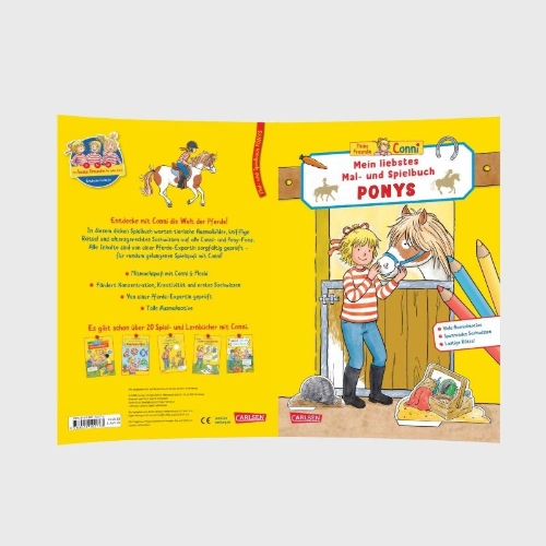 Buchcover und Innenansicht für das Buch: Conni Gelbe Reihe (Beschäftigungsbuch): Mein liebstes Mal- und Spielbuch: Ponys