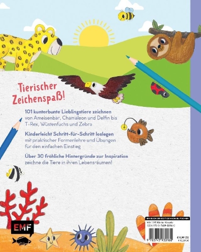 Buchcover und Innenansicht für das Buch: Tiere zeichnen für Kids - Über 100 kunterbunte Lieblingstiere mit einfachen Formen Schritt-für-Schritt malen lernen
