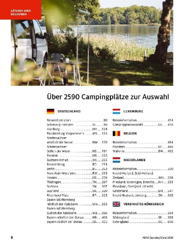 Buchcover und Innenansicht für das Buch: ADAC Campingführer Deutschland/Nordeuropa 2026