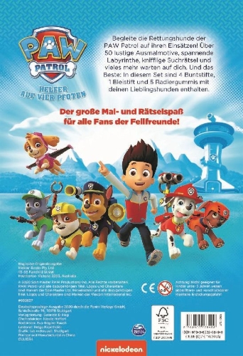 Buchcover und Innenansicht für das Buch: PAW Patrol: Mein großer Mal- und Rätselspaß
