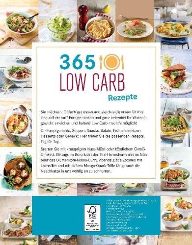 Buchcover und Innenansicht für das Buch: 365 Low-Carb-Rezepte