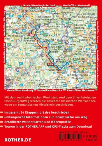 Buchcover und Innenansicht für das Buch: ROTHER Wanderführer Rheinsteig - RheinBurgenWeg. 34 Etappen auf den Weitwanderwegen rechts und links des romantischen Mittelrheins