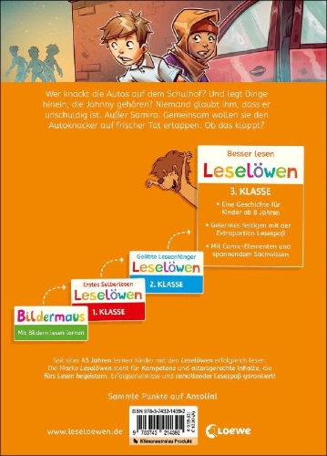 Buchcover und Innenansicht für das Buch: Leselöwen 3. Klasse - Dem Autoknacker auf der Spur