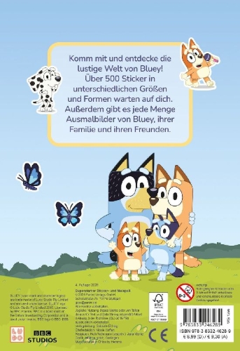 Buchcover und Innenansicht für das Buch: Bluey: Superstarker Sticker- und Malspaß