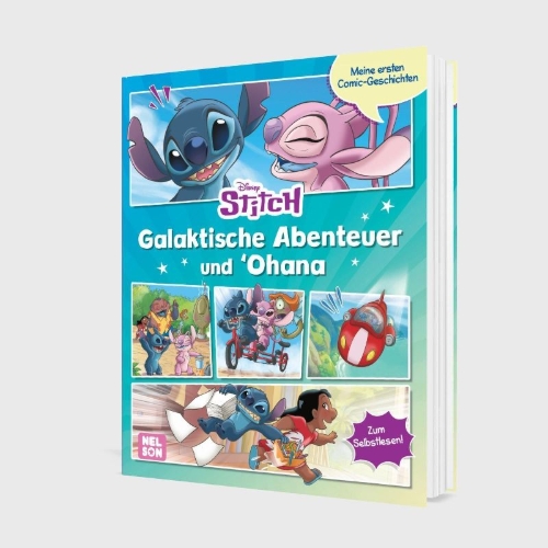 Buchcover und Innenansicht für das Buch: Disney: Stitch: Meine ersten Comic-Geschichten: Galaktische Abenteuer und 'Ohana