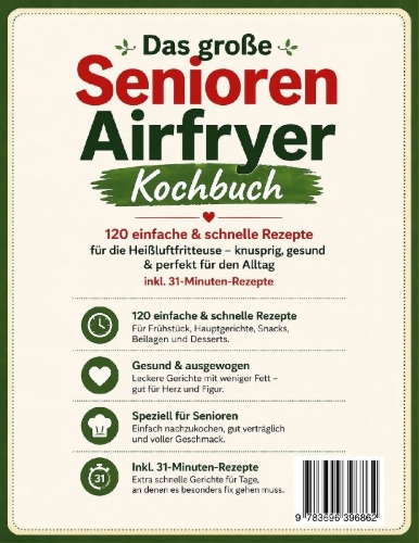 Buchcover und Innenansicht für das Buch: Das große Senioren Airfryer Kochbuch