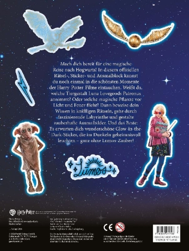 Buchcover und Innenansicht für das Buch: Harry Potter: Der offizielle Glow-in-the-Dark-Stickerzauber