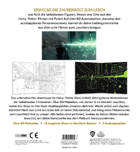 Buchcover und Innenansicht für das Buch: Aus den Filmen zu Harry Potter: Glow-in-the-Dark Malbuch