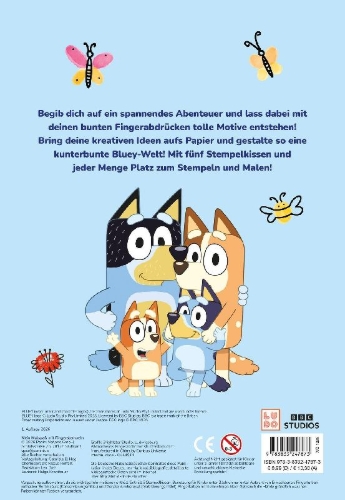 Buchcover und Innenansicht für das Buch: Bluey: Mein Malspaß mit Fingerstempeln