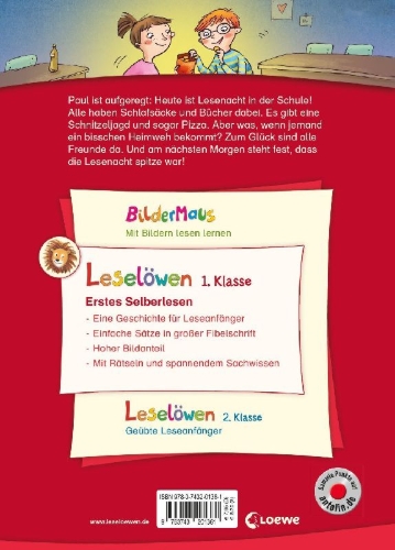 Buchcover und Innenansicht für das Buch: Leselöwen 1. Klasse - Lesenacht im Klassenzimmer