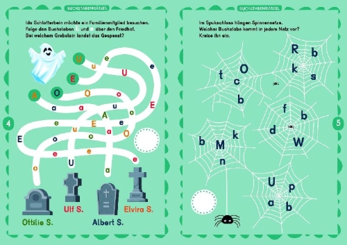 Buchcover und Innenansicht für das Buch: Leserätsel für mutige Kinder - Achtung, hier spukt's! - ab 6 Jahren