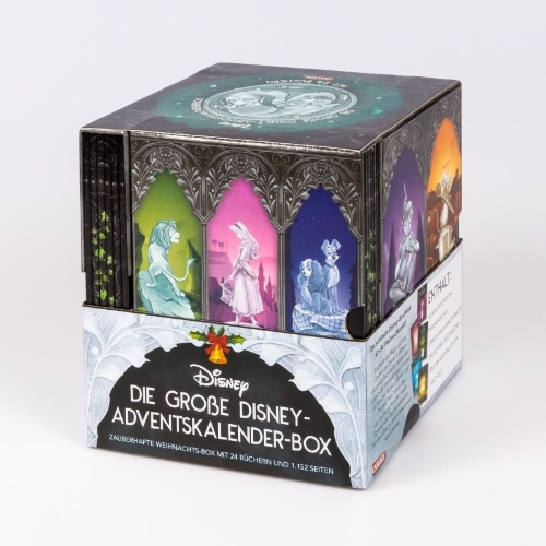 Buchcover und Innenansicht für das Buch: Disney: Die große Disney-Adventskalender-Box 2025 - Zauberhafte Weihnachts-Box mit 24 Büchern und 1.152 Seiten für Young Adults