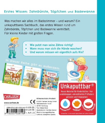 Buchcover und Innenansicht für das Buch: Unkaputtbar: Erstes Wissen: Zahnbürste, Töpfchen und Badewanne