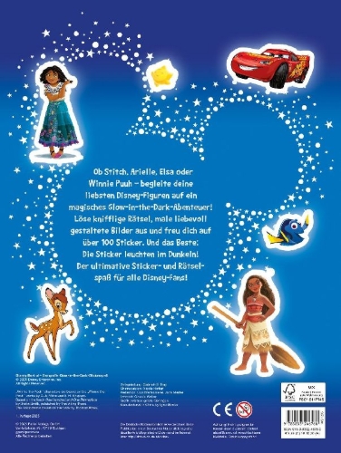 Buchcover und Innenansicht für das Buch: Disney Best of: Der große Glow-in-the-Dark-Stickerspaß: Stickern - Rätseln - Ausmalen