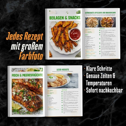 Buchcover und Innenansicht für das Buch: Ninja Heißluftfritteuse Rezeptbuch XXL: Für alle mit wenig Zeit - Mit vielfältigen einfachen Gerichten, Tipps & Tricks | Das Airfryer Kochbuch für die Dual Zone