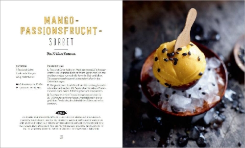 Buchcover und Innenansicht für das Buch: Bestes Eis selbst gemacht - Die besten Rezepte für Cremeeis, Fruchteis, Sorbets, Frozen Yogurt, Parfaits, Konfekt, Torten, Drinks & Toppings. Mit und ohne Eismaschine