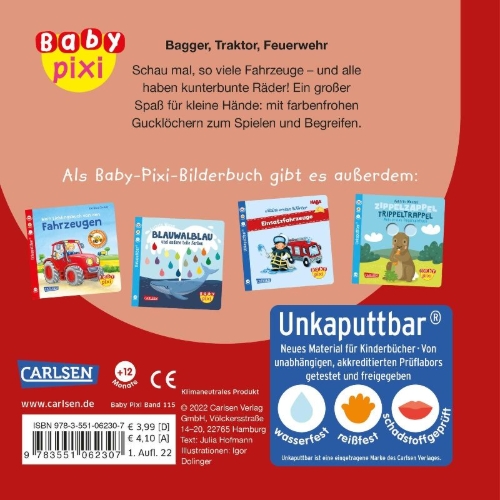 Buchcover und Innenansicht für das Buch: Baby Pixi (unkaputtbar) 115: Bagger, Traktor, Feuerwehr