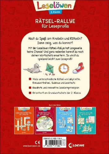 Buchcover und Innenansicht für das Buch: Leselöwen Rätsel-Rallye für Leseprofis - 2. Klasse (Rot)