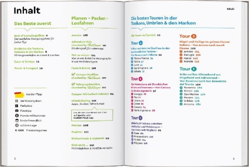 Buchcover und Innenansicht für das Buch: MARCO POLO Camper Guide Toskana, Umbrien & Marken