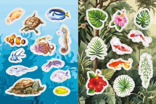 Buchcover und Innenansicht für das Buch: Flora, Fauna, Pflanzen & Bienen - Stickerbuch