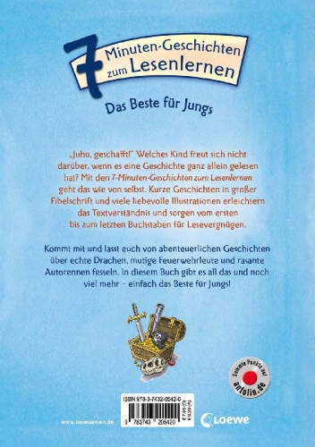 Buchcover und Innenansicht für das Buch: Leselöwen - Das Original - 7-Minuten-Geschichten zum Lesenlernen - Das Beste für Jungs