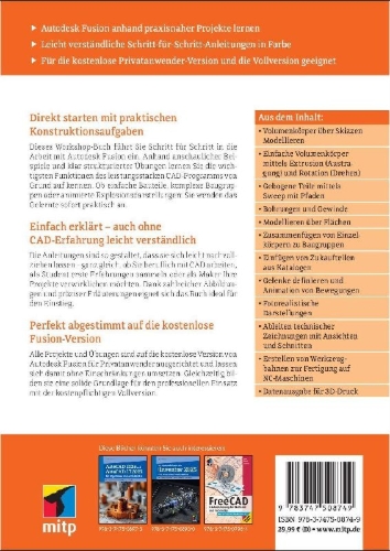 Buchcover und Innenansicht für das Buch: Autodesk Fusion - Der praktische Einstieg in die 3D-Modellierung