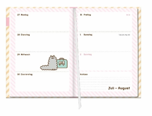 Buchcover und Innenansicht für das Buch: Pusheen 17-Monats-Kalenderbuch A5 2027 - 17 Monate. Von August 2026 bis Dezember 2027
