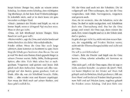 Buchcover und Innenansicht für das Buch: Schule!, schreit der Frieder, und die Oma, die kommt mit
