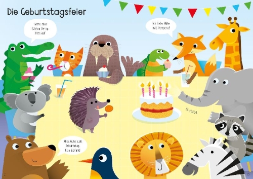 Buchcover und Innenansicht für das Buch: Mein Immer-wieder-Stickerbuch: Tierisch lustige Hüte