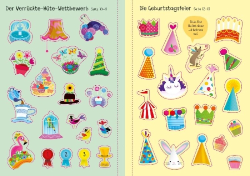 Buchcover und Innenansicht für das Buch: Mein Immer-wieder-Stickerbuch: Tierisch lustige Hüte