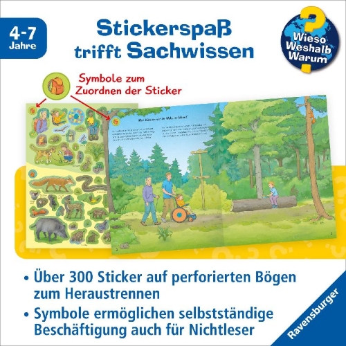 Buchcover und Innenansicht für das Buch: Wieso? Weshalb? Warum? Stickerheft: Im Wald