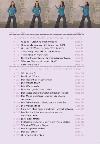 Buchcover und Innenansicht für das Buch: Qigong, die universelle 18-fache Methode - Personal Training + DVD. Die weltweit populärste Übungsfolge. Sehr einfach und sehr wirksam. Ideal auch für Kinder und Senioren