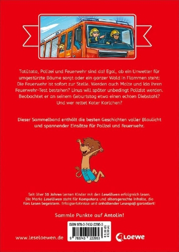 Buchcover und Innenansicht für das Buch: Die schönsten Leselöwen-Geschichten zum Lesenlernen - Polizei und Feuerwehr