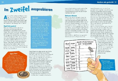 Buchcover und Innenansicht für das Buch: WAS IST WAS Naturwissenschaften easy! Mathe. Purer Zufall? Wahrscheinlichkeiten und Glück berechnen