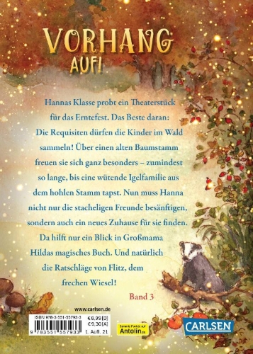 Buchcover und Innenansicht für das Buch: Hüterin des Waldes 3: Theater mit Familie Igel