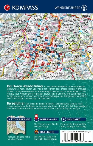 Buchcover und Innenansicht für das Buch: KOMPASS Wanderführer Bozen, Sarntal, Ritten, Eppan, Kalterer See, Seiser Alm, Rosengarten, 55 Touren mit Extra-Tourenkarte