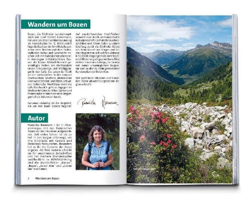 Buchcover und Innenansicht für das Buch: KOMPASS Wanderführer Bozen, Sarntal, Ritten, Eppan, Kalterer See, Seiser Alm, Rosengarten, 55 Touren mit Extra-Tourenkarte