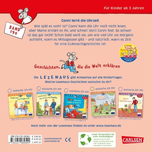 Buchcover und Innenansicht für das Buch: LESEMAUS 190: Conni lernt die Uhrzeit