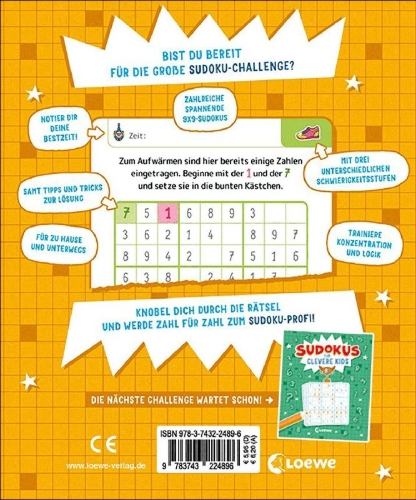 Buchcover und Innenansicht für das Buch: Sudokus für clevere Kids 7+ [gelb]