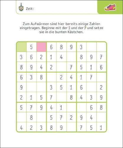 Buchcover und Innenansicht für das Buch: Sudokus für clevere Kids 7+ [gelb]