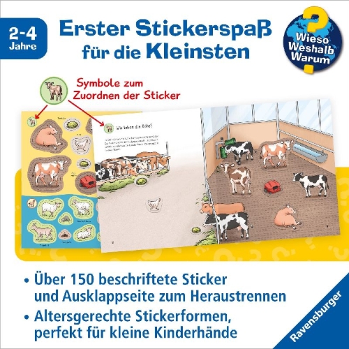 Buchcover und Innenansicht für das Buch: Wieso? Weshalb? Warum? junior Stickerheft - Bauernhof