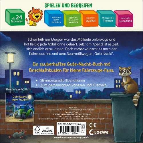 Buchcover und Innenansicht für das Buch: Gute Nacht, kleines Müllauto!
