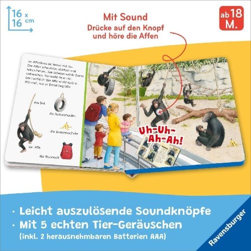 Buchcover und Innenansicht für das Buch: Hör mal hin - Sachen suchen, Sachen hören: Im Zoo