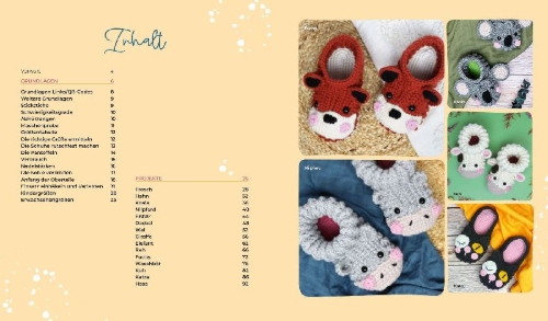 Buchcover und Innenansicht für das Buch: Tierisch gemütlich - Amigurumi-Hausschuhe häkeln für Klein und Groß