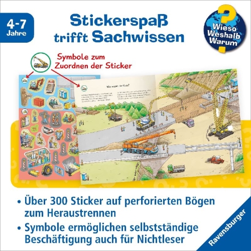 Buchcover und Innenansicht für das Buch: Wieso? Weshalb? Warum? Stickerheft: Fahrzeuge auf der Baustelle