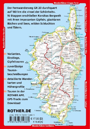 Buchcover und Innenansicht für das Buch: ROTHER Wanderführer Korsika GR 20. 16 Etappen auf dem legendären Fernwanderweg - mit Varianten und Gipfeln