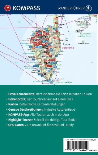 Buchcover und Innenansicht für das Buch: KOMPASS Wanderführer Korsika, 80 Touren mit Extra-Tourenkarte