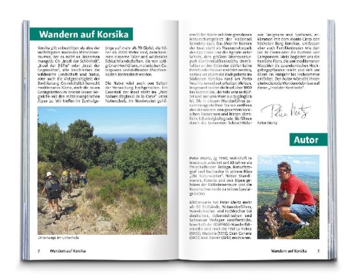 Buchcover und Innenansicht für das Buch: KOMPASS Wanderführer Korsika, 80 Touren mit Extra-Tourenkarte