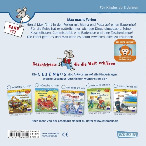 Buchcover und Innenansicht für das Buch: LESEMAUS 113: Max macht Ferien